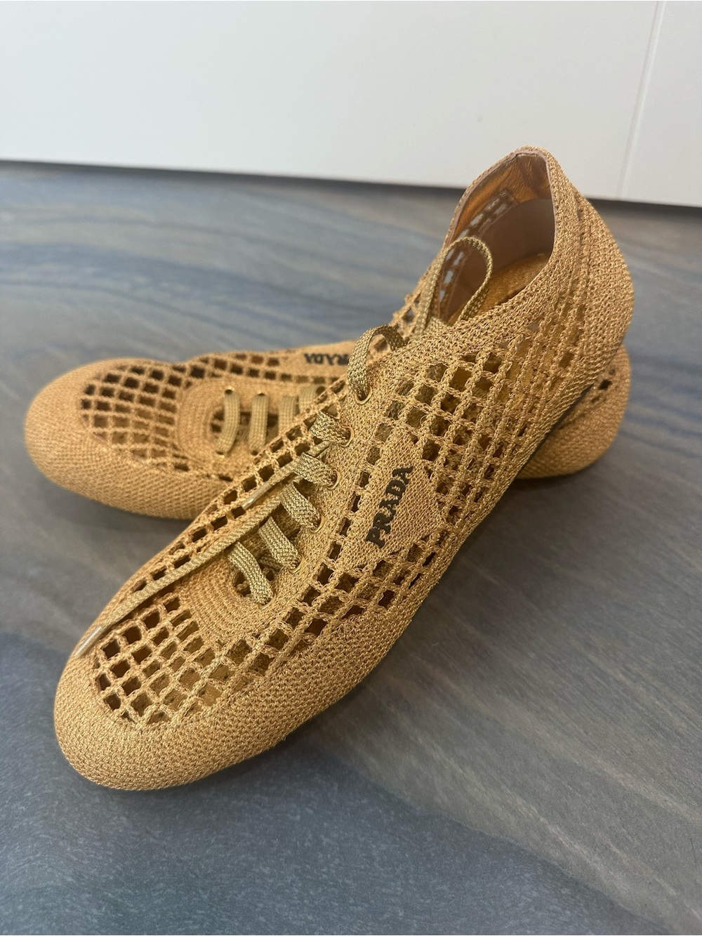 Prada Knit Slip-On Loafers with Open Weave Crochet Golden 38 US 8 $1295